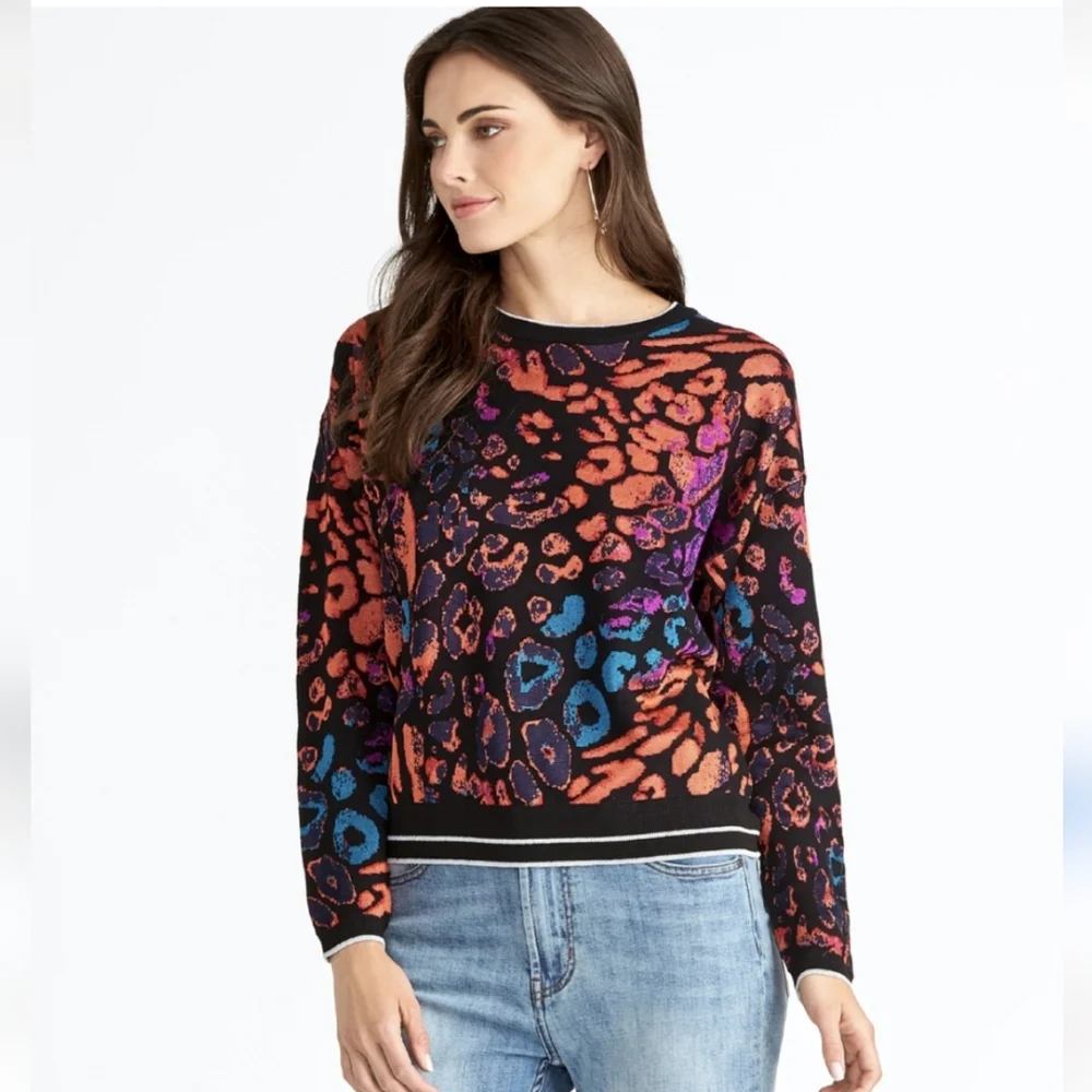 Black Multicolor Animal-Print Crewneck Sweater
